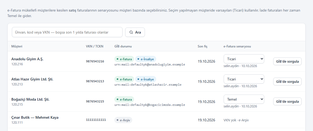 Müşteriler ve mükellefiyet durumu