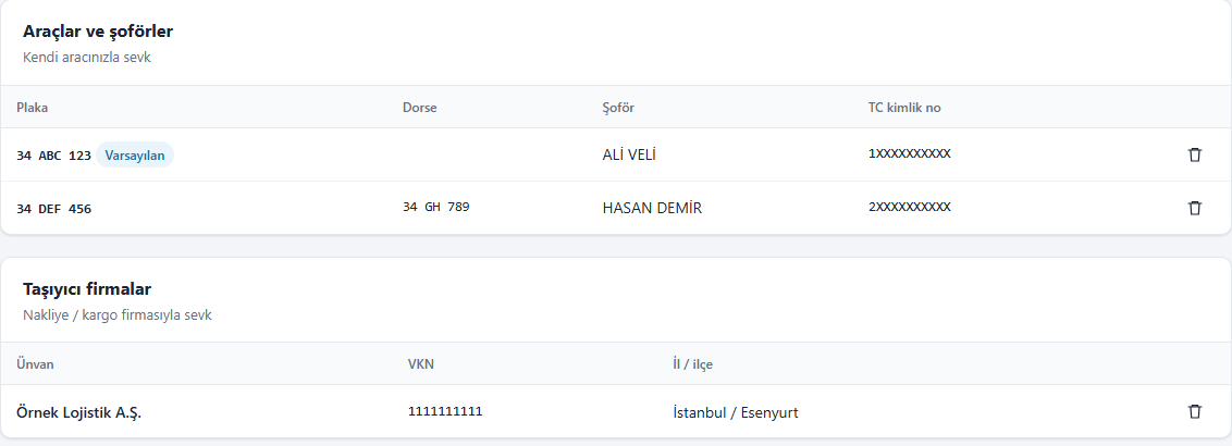 Taşıma bilgileri ekranı: kayıtlı araçlar, şoförler ve taşıyıcı firmalar